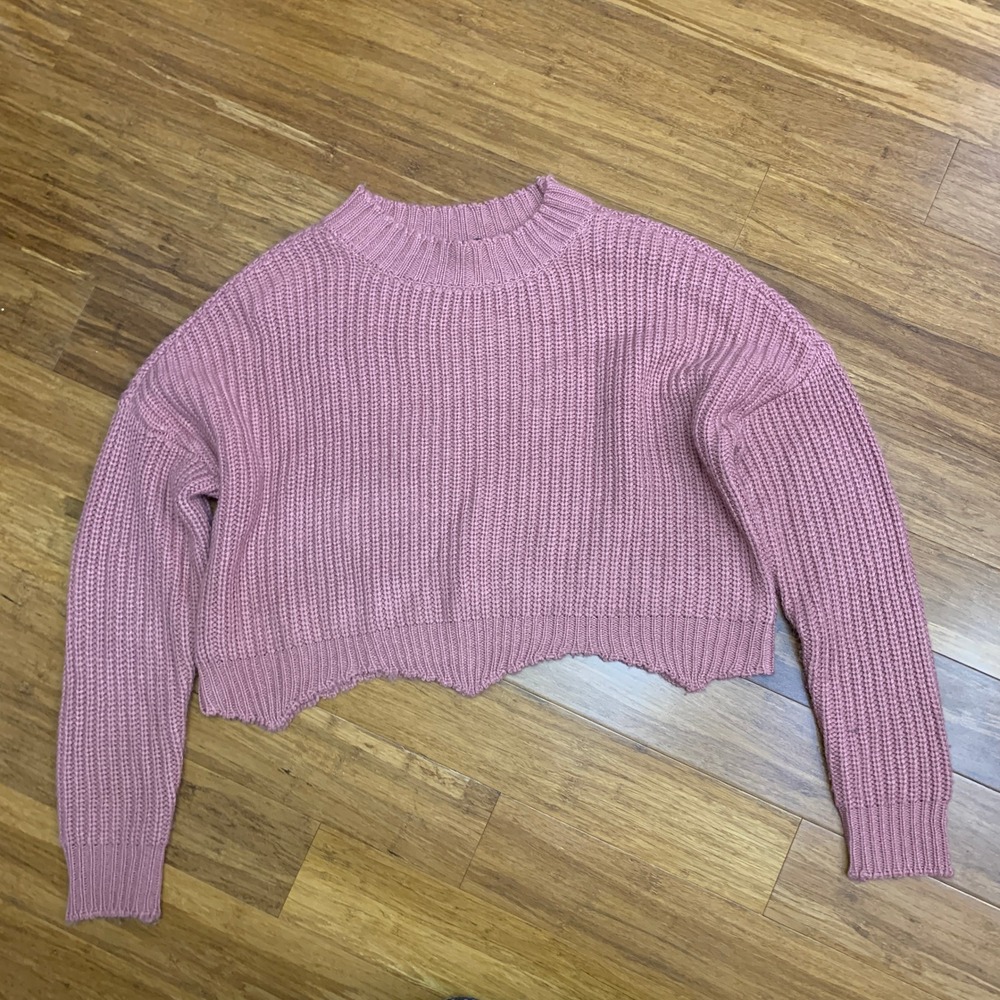Romeo + Juliet Couture Knit Sweater Womens Size Small Cropped Raw Hem Long Pink
